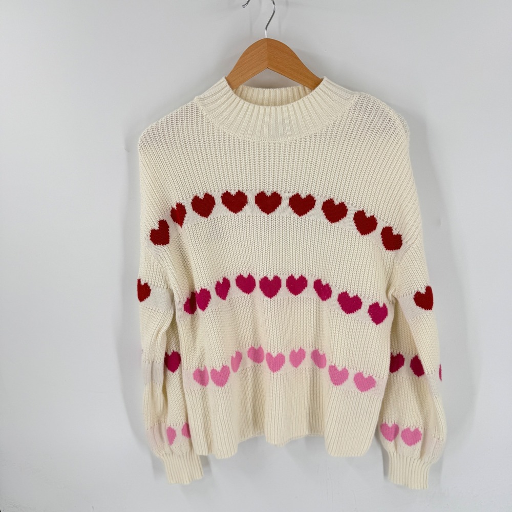 Talbots Heart Mock Neck Sweater Cream LP Large Petite Valentine Knit